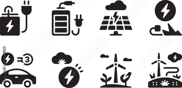 Obraz Set of black simple icons representing renewable energy sources and electric vehicle charging stations on a white background