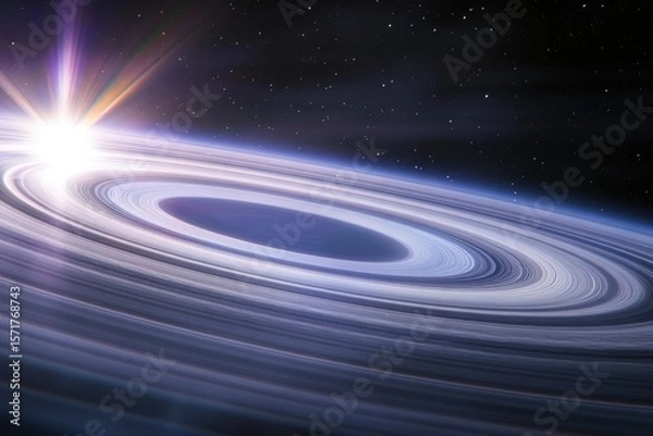 Fototapeta A beautiful celestial scene depicting an exoplanet surrounded by cosmic rings, illuminated by a distant, radiant star in deep space.