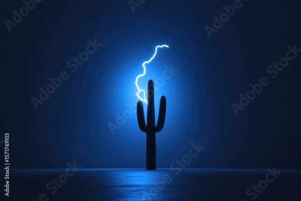 Fototapeta Stylized, digital art featuring a black cactus silhouetted against a deep blue backdrop and illuminated by a glowing lightning bolt.