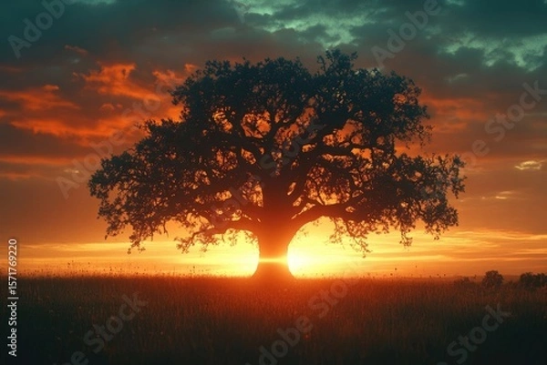 Fototapeta Silhouette of a majestic tree against a vibrant sunset, radiating warmth and tranquility across the horizon.