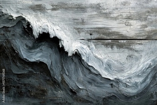 Fototapeta Textured gray paint strokes mimic a stormy wave, cascading down weathered wooden planks in an artistic display.