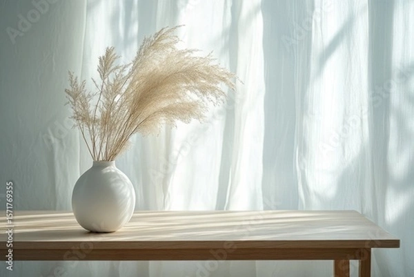 Fototapeta Elegant pampas grass in a white vase, bathed in gentle light on a wooden table.