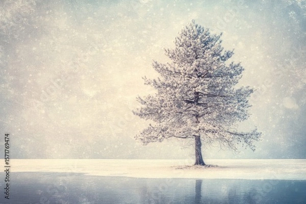 Fototapeta A solitary, snow-laden tree stands gracefully on the frozen expanse, reflecting softly in the icy waters under a gentle, winter sky.