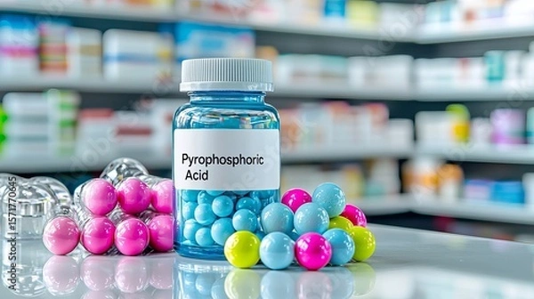Fototapeta Colorful chemistry: A bottle of pyrophosphoric acid surrounded by vibrant lab spheres, showcasing a bright lab setting.