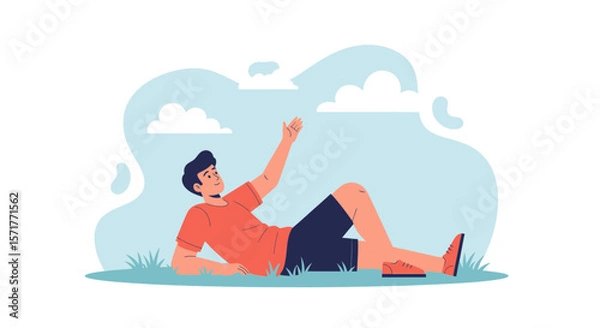 Fototapeta Young Man Relaxing Outdoors Gazing Upward at the Sky and White Clouds