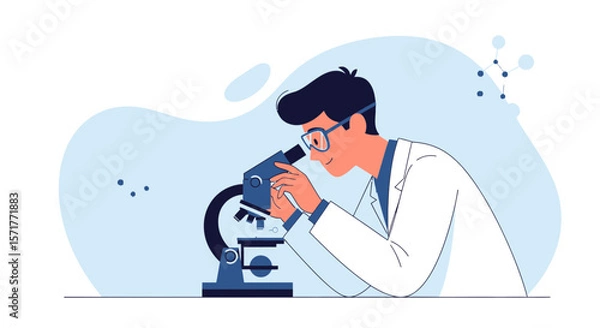 Fototapeta Young Scientist Analyzing Sample Through Microscope In Laboratory Illustration
