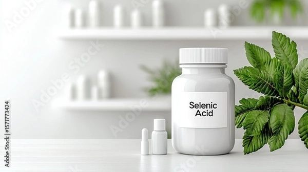 Fototapeta A clean, minimalist display of Selenic Acid in a white bottle with green leaves, creating a fresh and calming atmosphere.