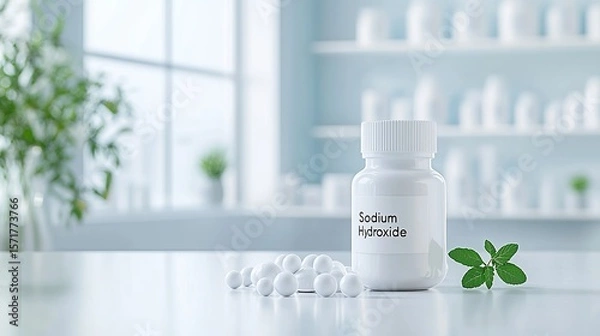 Fototapeta A clear bottle labeled 'Sodium Hydroxide' with white pellets beside it, set against a bright, minimalist background.
