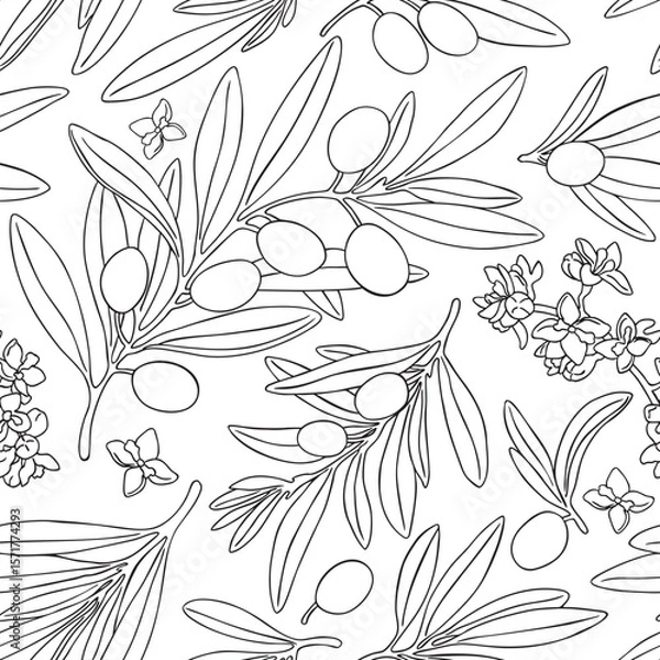 Fototapeta Seamless pattern drawing olive fruit branch vector. Hand painted floral illustration, tree branches, flowers bloom, leaves olive fruits background. Drawings food. Edible foliage. For menu, wrapping 
