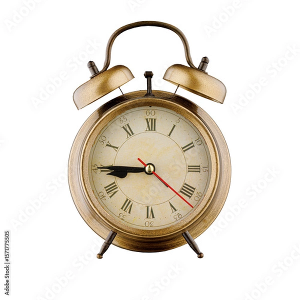 Fototapeta alarm clock, vintage clock with time 8 hours 45 minutes, a.m. 8:45, p.m. 8:45, on isolated white background close-up