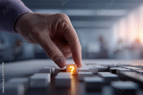 Fototapeta Hand pressing illuminated question mark key symbolizing inquiry and problem solving in business environment