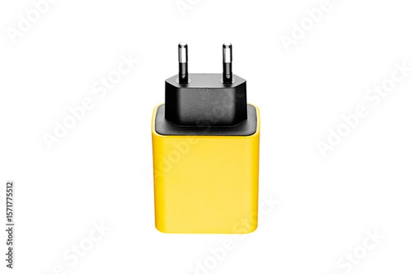 Fototapeta adapter for charger with USB and Type C connector, yellow, on isolated or white background close-up