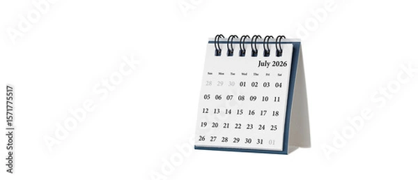 Fototapeta Desktop calendar for July 2026 in white colour. Mini planner for business and finance, spiral view on isolated white background close up.