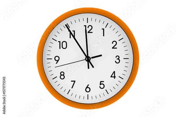 Fototapeta Orange watch, wall clock 11 hours 45 minutes on isolated or white background close up