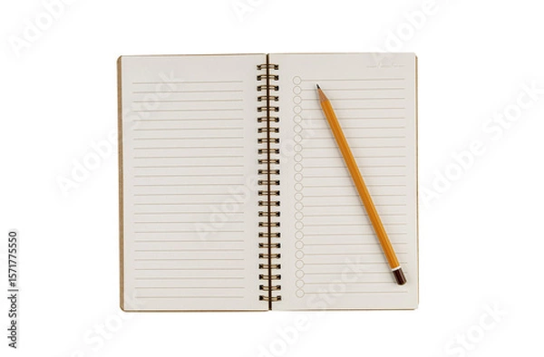 Fototapeta A spiral-bound lined notebook with a pencil on a white background, designed for effective study and note-taking. It is an essential tool for school assignments and educational planning.