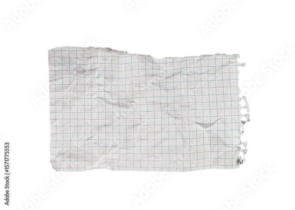 Fototapeta A crumpled torn checkered paper on a white background enhances art projects. Its textured surface inspires unique sketches and creative designs.
