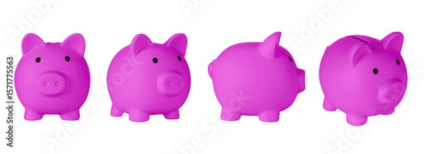 Fototapeta Set Piggy bank pig Pink color on isolated white background close up