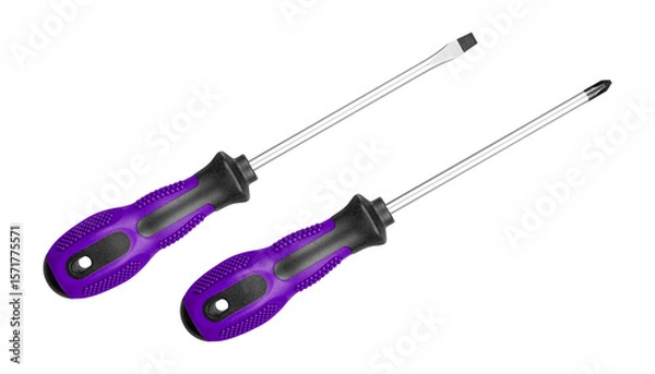 Fototapeta Two screwdrivers, flat and Phillips, are designed for construction work. Their durable handles ensure efficiency in tough environments Purple color on isolated white background close-up