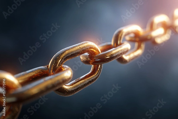Fototapeta Close-up of a shiny golden metal chain link symbolizing strength and connection with soft light reflections