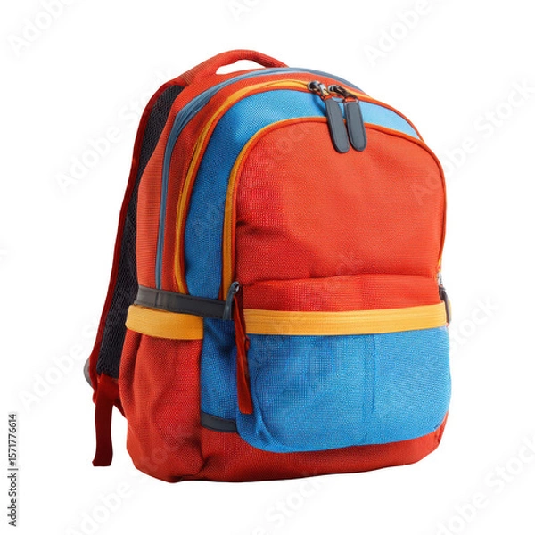 Fototapeta A vibrant backpack featuring a blend of red, blue, and yellow against a dark backdrop