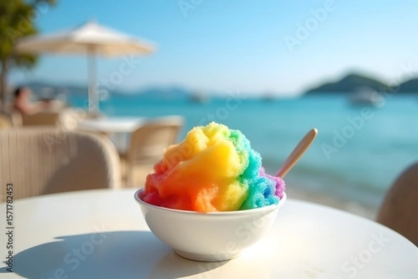 Fototapeta Colorful rainbow shaved ice in a white cup at seaside café table with ocean view and summer sky