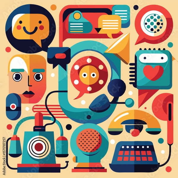 Fototapeta Communication Composition: An illustrative, colorful collage showcasing elements of communication through time, from classic phones to modern chat bubbles.