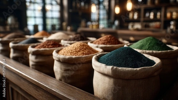 Fototapeta Burlap sacks brimming with colorful spices and grains in a rustic setting, ideal for culinary or organic market themes.