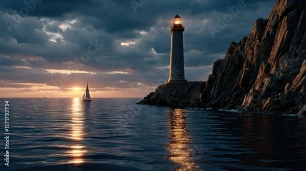 Fototapeta A solitary lighthouse on a rocky cliff overlooks a serene sea at sunset with a sailboat on the horizon, capturing tranquility and guidance.
