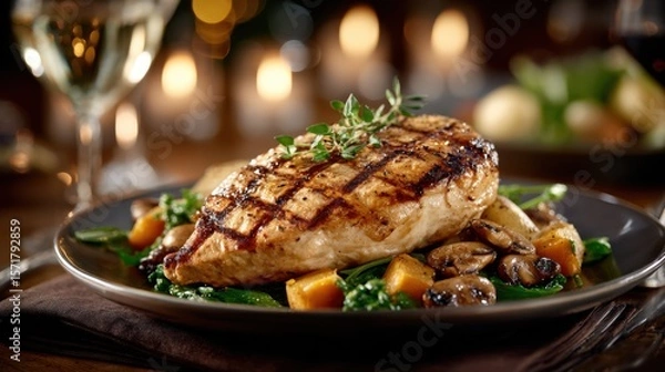 Fototapeta Grilled chicken with roasted potatoes, mushrooms, and squash, garnished with fresh herbs on a rustic table. Ideal for restaurant menus or food blogs.