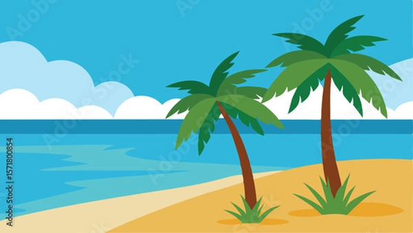 Obraz Summer beach landscape with palm trees and sea – vector illustration