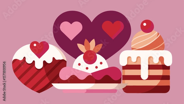 Obraz Valentine's Day background with cakes and hearts. Vector illustration.