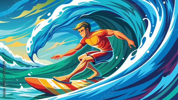 Obraz Surfer rides a big wave – A surfer who skillfully rides a big wave.