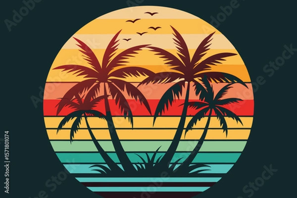 Obraz Vector illustration of tropical sunset logo with palm trees and multicolored gradient background design