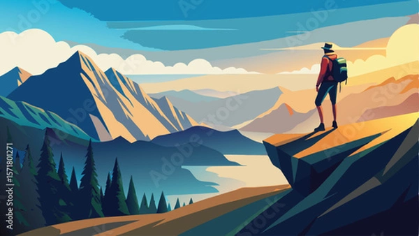 Obraz Lone Hiker on Mountain Ridge – A hiker standing alone on a narrow ridge and looking at the vastness.