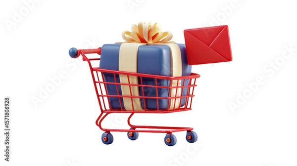 Fototapeta A red shopping cart carries a blue gift with a red envelope isolated on transparent background