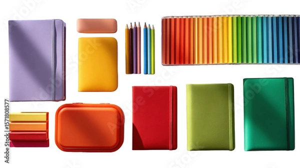 Fototapeta A colorful arrangement of stationery items isolated on transparent background