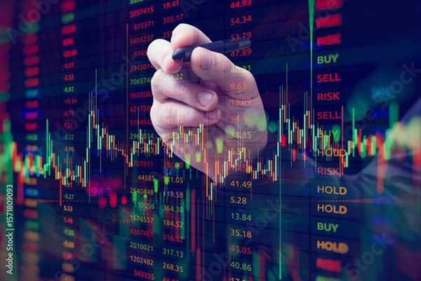 Obraz A close-up of a hand with a stylus interacting with a digital stock market chart. The overlay of candlestick graphs, buy and sell signals and numerical data.
