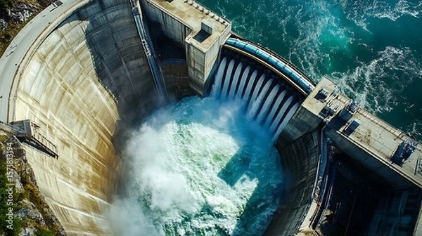 Fototapeta Expansive Landscape Featuring a Hydroelectric Power Dam Promoting Clean Energy and Sustainability Across a Serene and Remote Environment