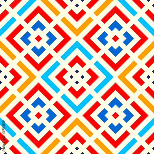 Fototapeta Repeated chevrons, diamonds, angle brackets, curves pattern background. Embroidery ornament. Geometric image. Ancient mosaic motif backdrop. Ethnic digital paper, textile print. Seamless vector