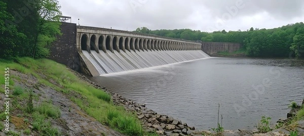 Fototapeta Clean Energy Technology Depicted in a Panoramic Photograph of a Hydel Power Facility Generating Renewable Power from Flowing River Water