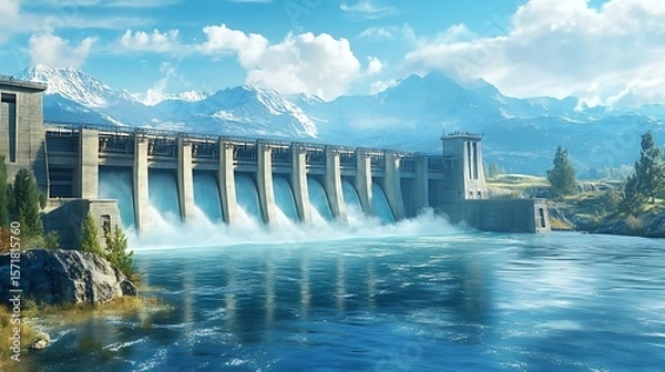 Fototapeta Panoramic Shot of a Hydroelectric Dam Showing Sustainable Energy Operations in a Scenic River Valley Surrounded by Lush Natural Terrain