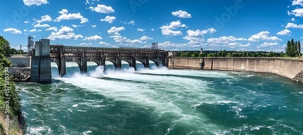 Fototapeta Panoramic Shot of a Hydroelectric Dam Showing Sustainable Energy Operations in a Scenic River Valley Surrounded by Lush Natural Terrain