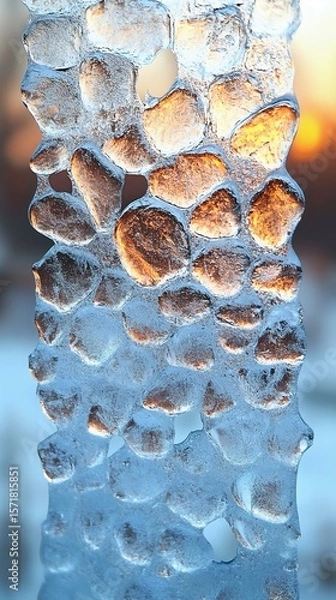 Obraz Close-up of icicles with unique textures, illuminated by warm sunlight, showcasing frozen water patterns and natural beauty during winter.