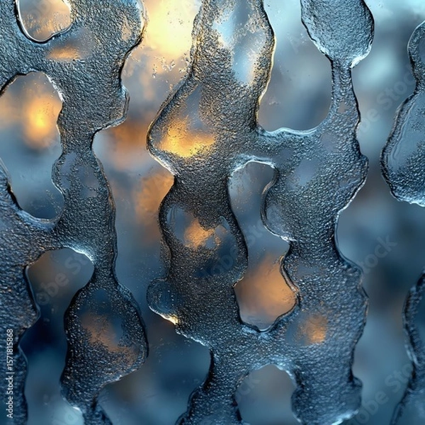 Obraz Close-up of frosted glass creating abstract patterns with warm light shining through, evoking winter and cool ambiance.
