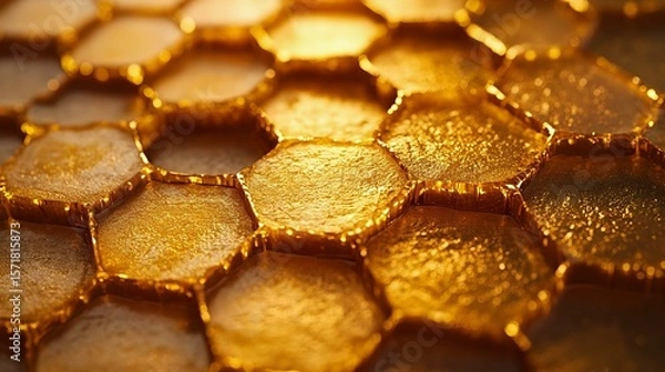 Obraz Close-up view of vibrant golden honeycomb structures, showcasing the intricate hexagonal patterns and natural texture of honey. Perfect for food imagery.