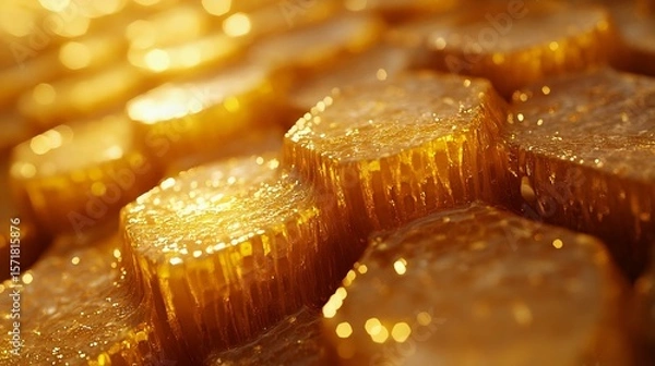 Obraz Close-up of honeycomb with golden honey, highlighting the intricate hexagonal structure and rich texture. Perfect for natural food themes.
