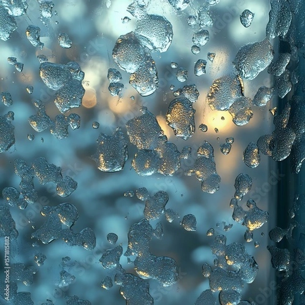 Obraz Frosty window with ice crystals and droplets, creating a beautiful winter scene. Perfect for capturing the chill of the season.