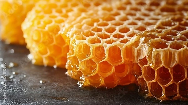 Obraz Close-up of honeycomb with sweet, dripping honey. Perfect for culinary, health, and natural food themes. Ideal for agricultural and organic usage.