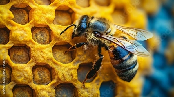 Obraz Close-up of a bee on honeycomb, showcasing the intricate details of its body and the hexagonal structure of the hive around it.