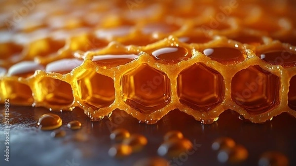 Fototapeta Close-up of glistening honeycomb with golden honey droplets, showcasing the intricate hexagonal structure and organic textures of this natural product.